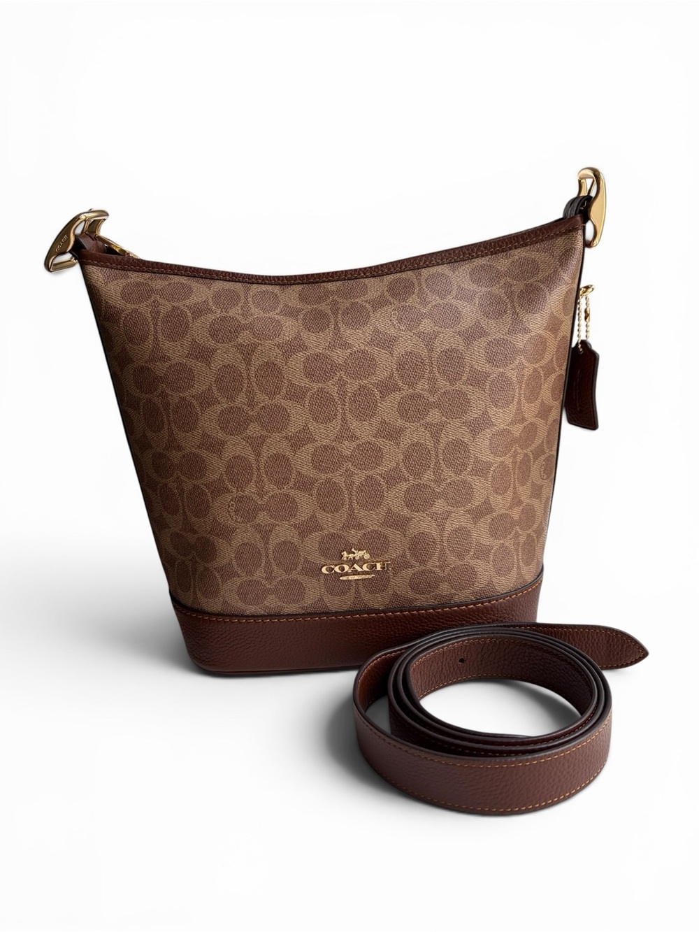 Coach Jude Duffle Bag Brown Signature Canvas Bucket Bag with Leather Trim - Picture 6 of 16